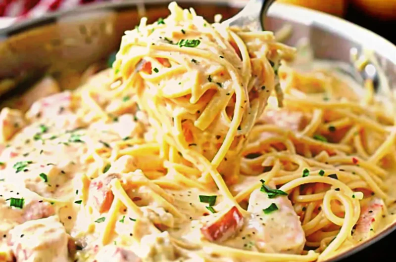 Creamy cheesy chicken spaghetti in a white bowl topped with fresh parsley and parmesan cheese