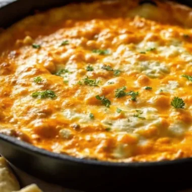 Creamy buffalo chicken dip in white baking dish topped with melted cheddar cheese and green onions, served with tortilla chips and celery sticks