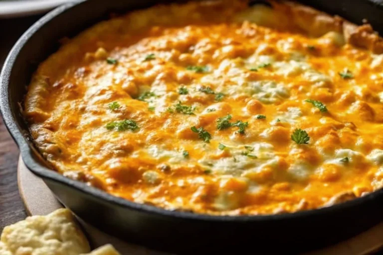 Creamy buffalo chicken dip in white baking dish topped with melted cheddar cheese and green onions, served with tortilla chips and celery sticks