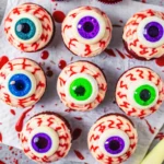 Spooky eyeball cupcakes with red velvet base, vanilla buttercream frosting, realistic fondant irises, and dripping blood veins for Halloween dessert table