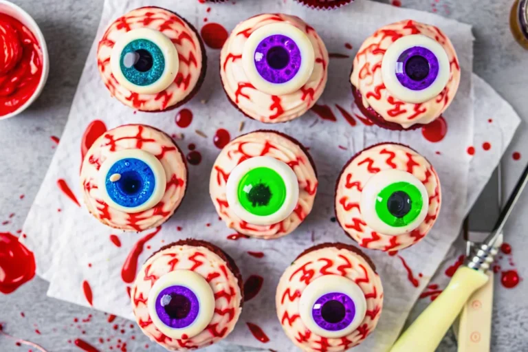 Spooky eyeball cupcakes with red velvet base, vanilla buttercream frosting, realistic fondant irises, and dripping blood veins for Halloween dessert table