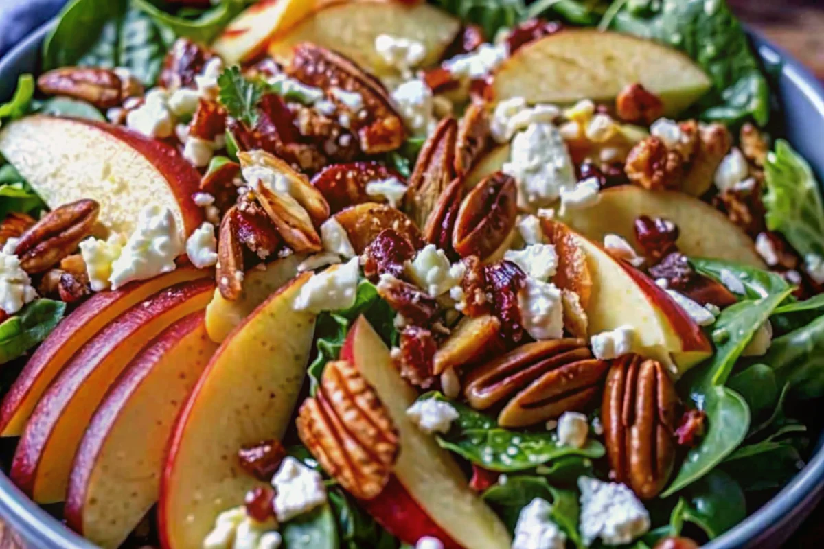 Autumn salad with Honeycrisp apples, feta cheese, and pecans in a rustic wooden bowl showcasing fall harvest flavors