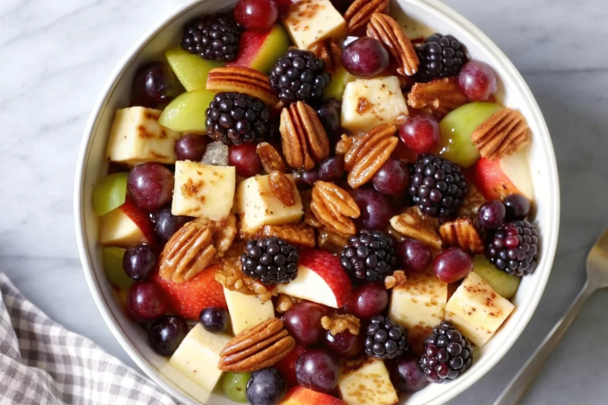 Colorful fall fruit salad with diced apples, pears, grapes, and pomegranate seeds in a wooden bowl, drizzled with maple cinnamon dressing and topped with toasted pecans