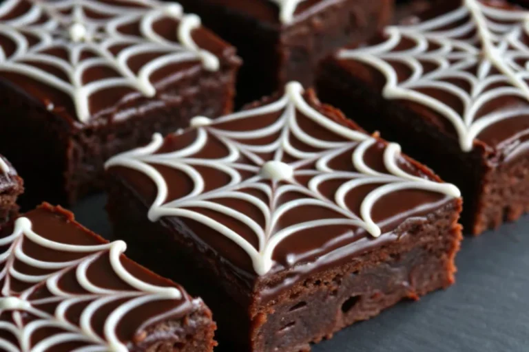 Spooky desserts spiderweb brownies with white chocolate web design on dark fudgy brownies for Halloween party treats