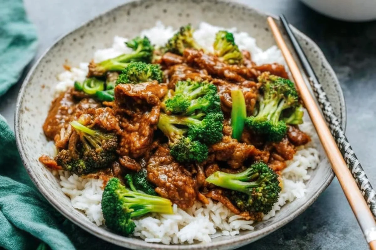 Chinese beef and broccoli stir fry in black skillet with glossy brown sauce, tender beef strips and bright green broccoli florets