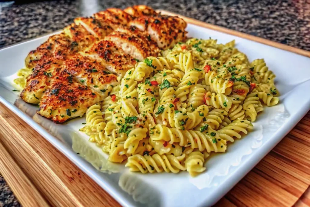 Creamy Garlic Parmesan Chicken Pasta served in a white bowl with fresh parsley garnish and grated cheese