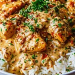Creamy smothered chicken and rice in cast iron skillet with golden brown chicken pieces, creamy white sauce, and fresh parsley garnish