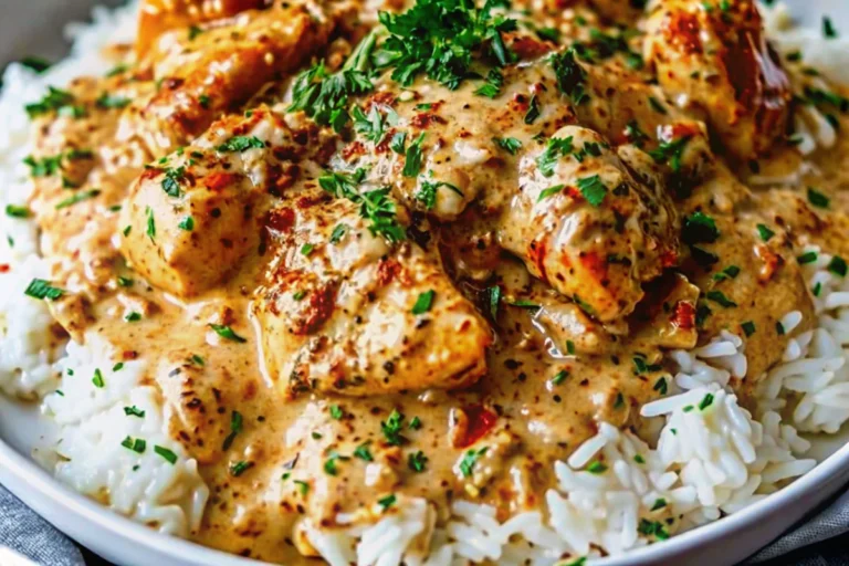 Creamy smothered chicken and rice in cast iron skillet with golden brown chicken pieces, creamy white sauce, and fresh parsley garnish