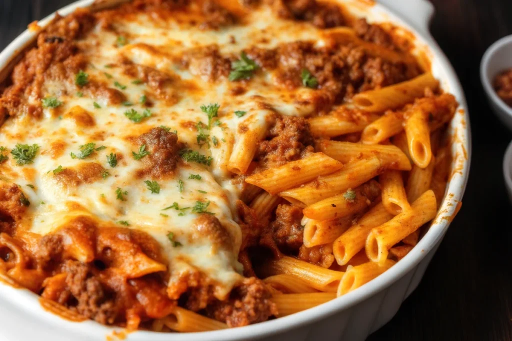 Delicious baked ziti with ground beef featuring layers of pasta, meat sauce, and melted cheese in a casserole dish