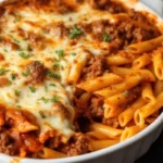 Delicious baked ziti with ground beef featuring layers of pasta, meat sauce, and melted cheese in a casserole dish