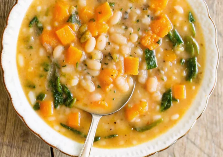 Creamy white bean soup with cannellini beans, vegetables, and fresh herbs served in a rustic bowl with crusty bread