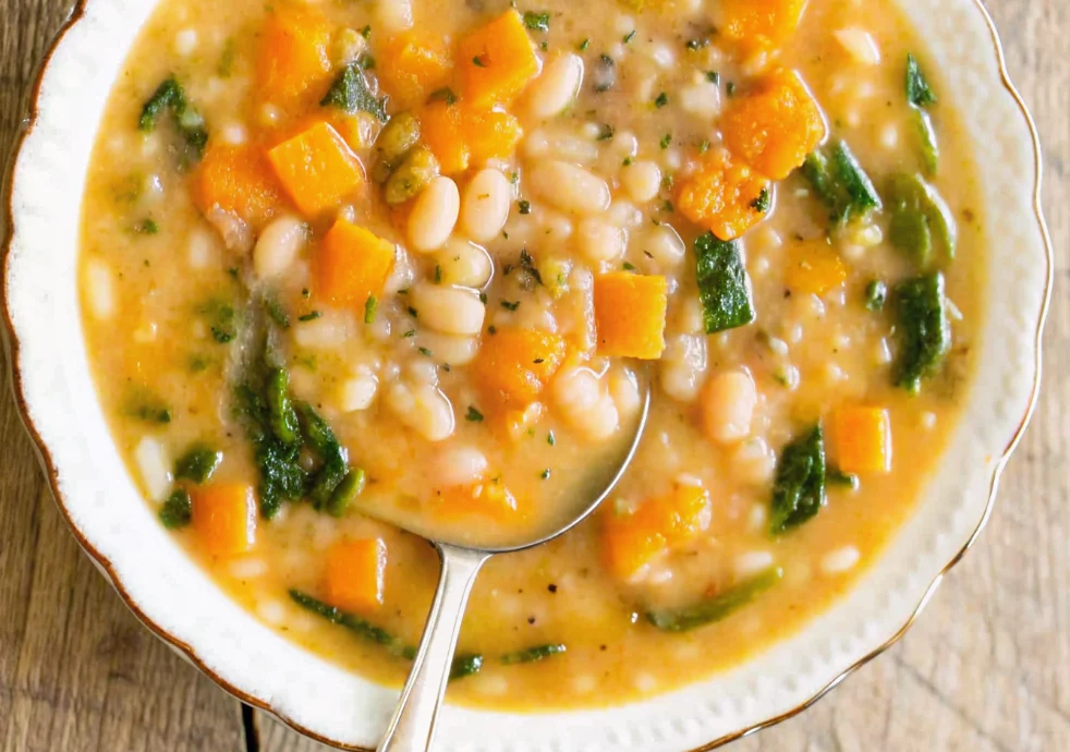 Creamy white bean soup with cannellini beans, vegetables, and fresh herbs served in a rustic bowl with crusty bread