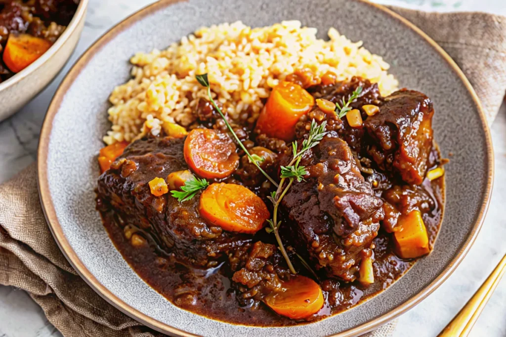 Authentic Jamaican oxtail recipe with tender braised beef in rich brown gravy served over white rice