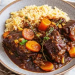 Authentic Jamaican oxtail recipe with tender braised beef in rich brown gravy served over white rice