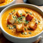 Creamy pumpkin soup recipe served in white bowl with toasted pumpkin seeds garnish and parsley