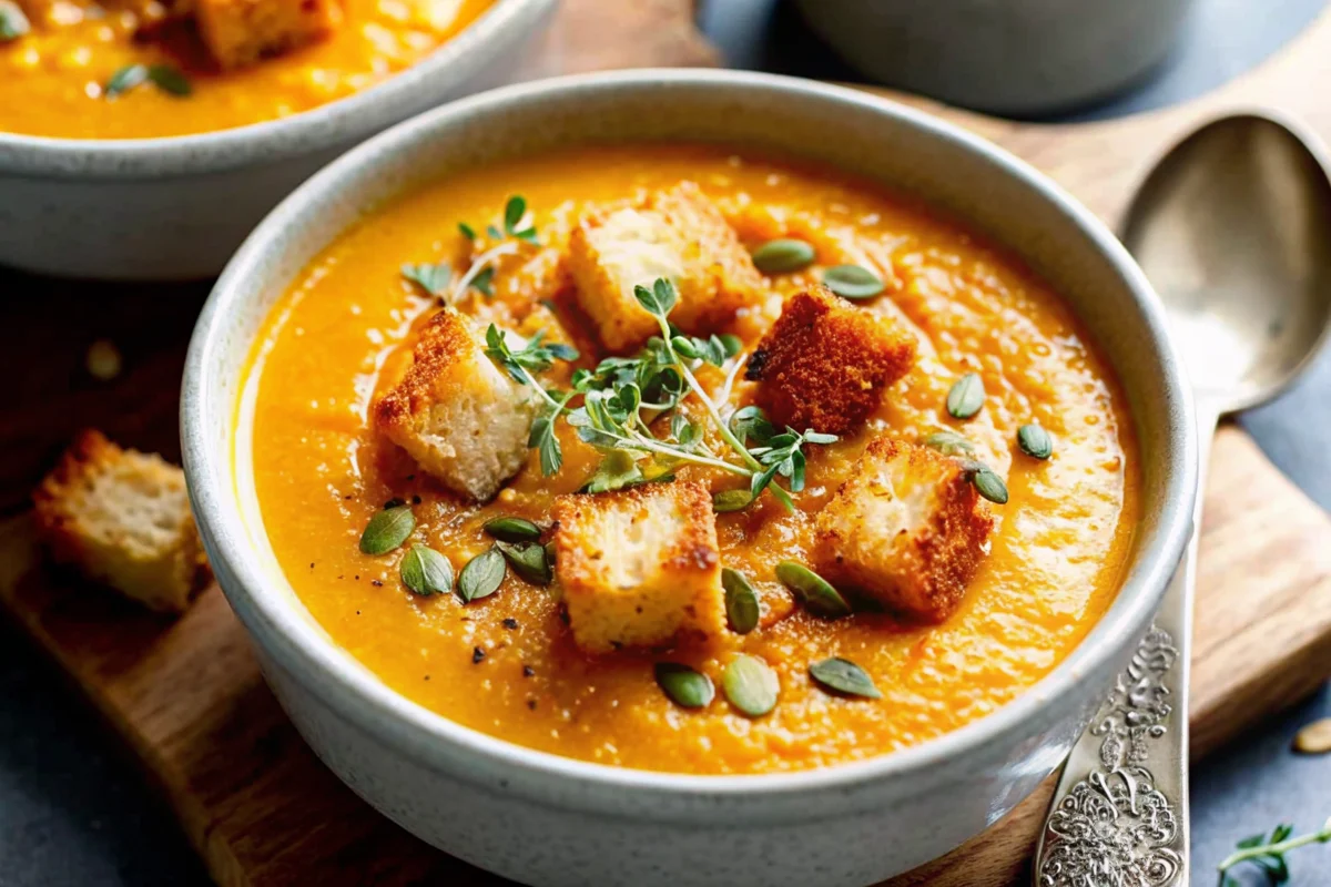 Creamy pumpkin soup recipe served in white bowl with toasted pumpkin seeds garnish and parsley