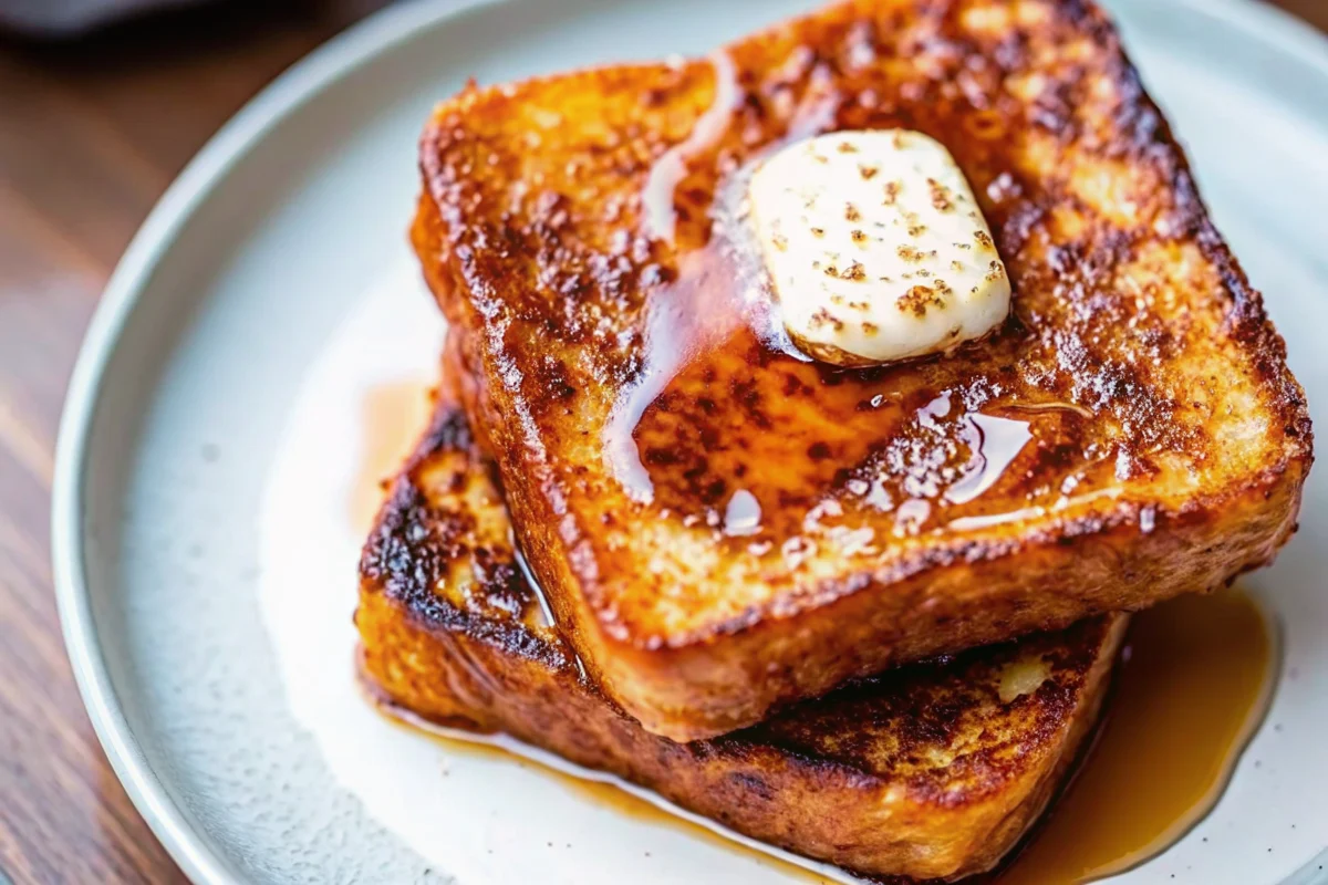 Golden pumpkin French toast stacked on white plate with maple syrup drizzle, powdered sugar, and chopped pecans, perfect fall pumpkin recipe breakfast