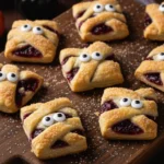 Mummy cherry pies Halloween dessert with candy eyes and golden pie crust bandages on parchment paper