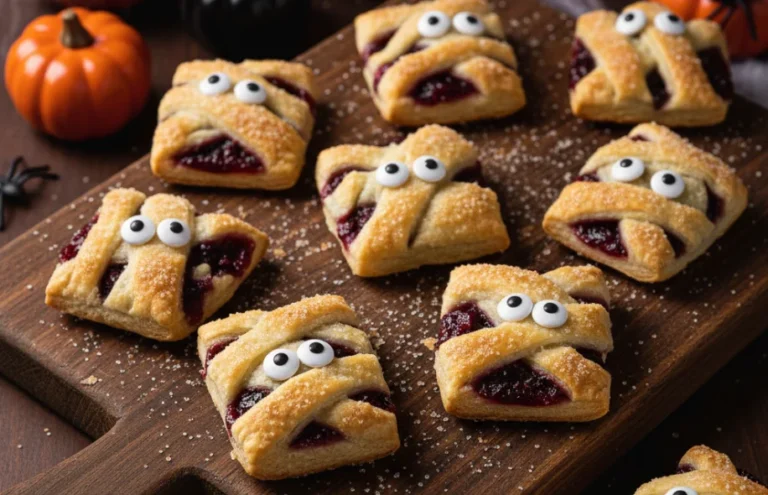 Mummy cherry pies Halloween dessert with candy eyes and golden pie crust bandages on parchment paper