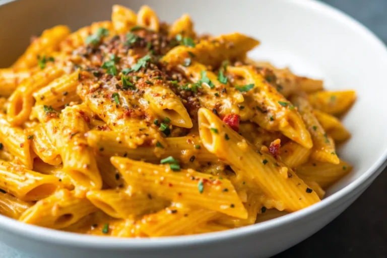 Creamy butternut squash pasta sauce with penne pasta in white bowl garnished with Parmesan cheese and fresh thyme