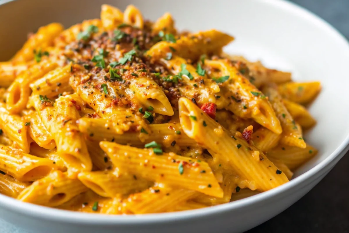 Creamy butternut squash pasta sauce with penne pasta in white bowl garnished with Parmesan cheese and fresh thyme