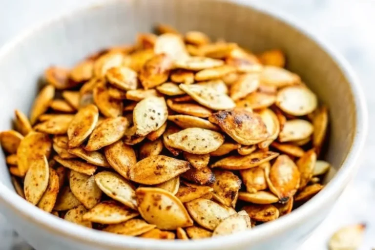 Golden brown salted roasted pumpkin seeds spread on parchment paper baking sheet, perfectly crispy pumpkin seeds recipe