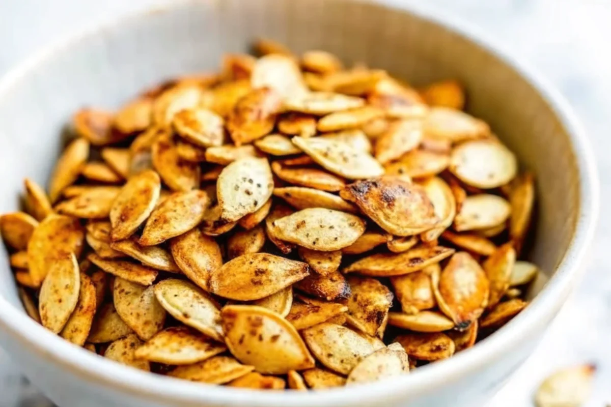 Golden brown salted roasted pumpkin seeds spread on parchment paper baking sheet, perfectly crispy pumpkin seeds recipe