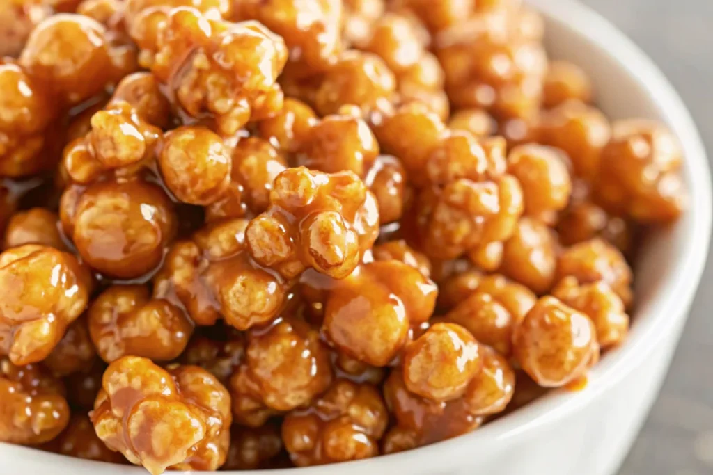 Golden brown Amish caramel corn with almonds spread on parchment paper, showing perfectly coated kernels with glossy caramel finish