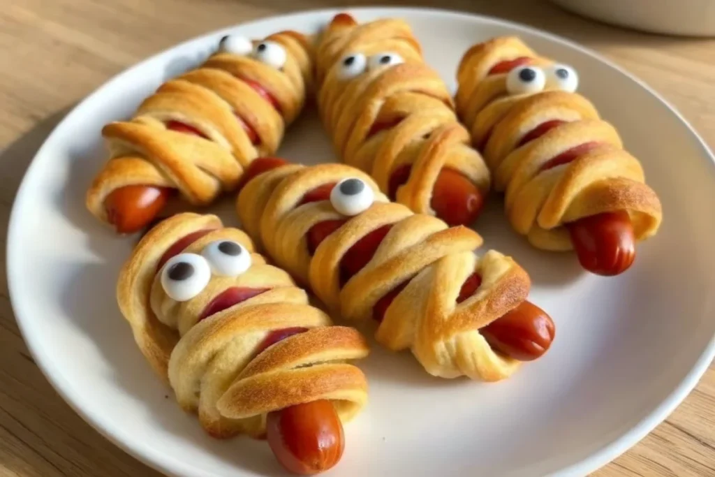 Golden crescent mummy hot dogs with mustard eyes on Halloween plate, showing wrapped bandage effect around beef hot dogs baked until golden brown