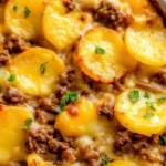 Hobo casserole with ground beef and potatoes featuring golden melted cheese layers in a baking dish, showcasing comfort food perfection for family dinners