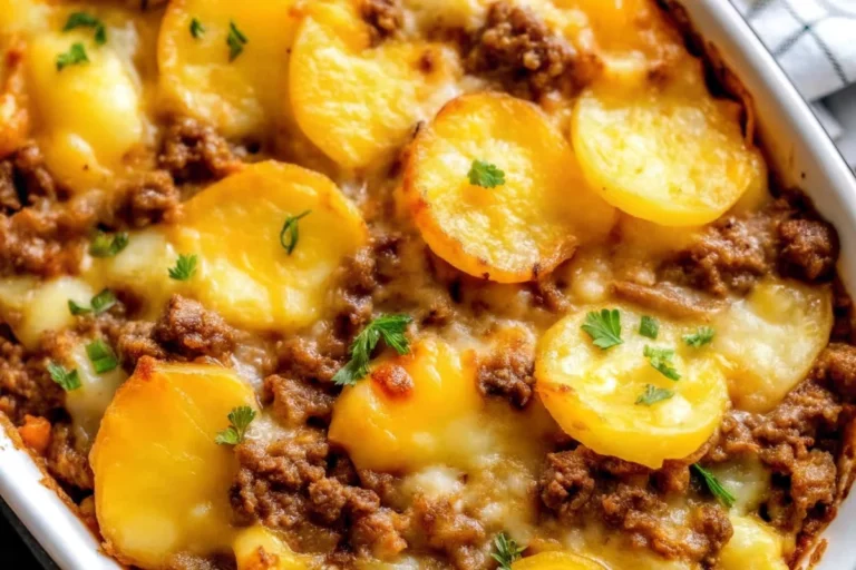 Hobo casserole with ground beef and potatoes featuring golden melted cheese layers in a baking dish, showcasing comfort food perfection for family dinners