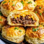 Golden-brown Garlic Parmesan Cheeseburger Bombs arranged on a parchment-lined baking sheet, topped with melted Parmesan cheese and fresh parsley, with visible steam rising from the fluffy biscuit dough filled with seasoned ground beef and melted cheddar cheese