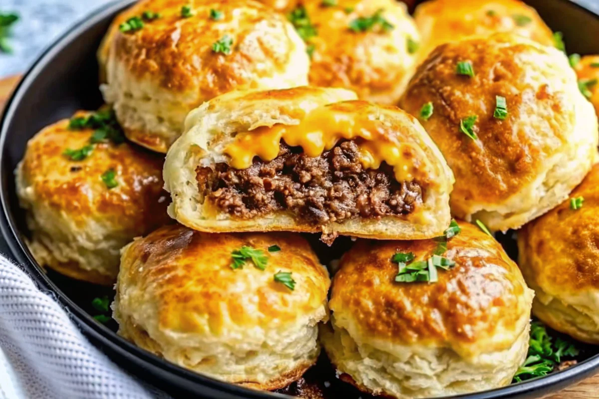 Golden-brown Garlic Parmesan Cheeseburger Bombs arranged on a parchment-lined baking sheet, topped with melted Parmesan cheese and fresh parsley, with visible steam rising from the fluffy biscuit dough filled with seasoned ground beef and melted cheddar cheese