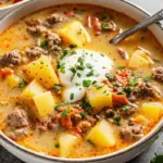 Creamy cheesy hamburger potato soup in white bowl garnished with green onions and sour cream on rustic wooden table