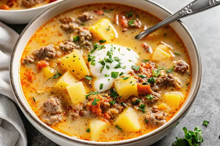Creamy cheesy hamburger potato soup in white bowl garnished with green onions and sour cream on rustic wooden table