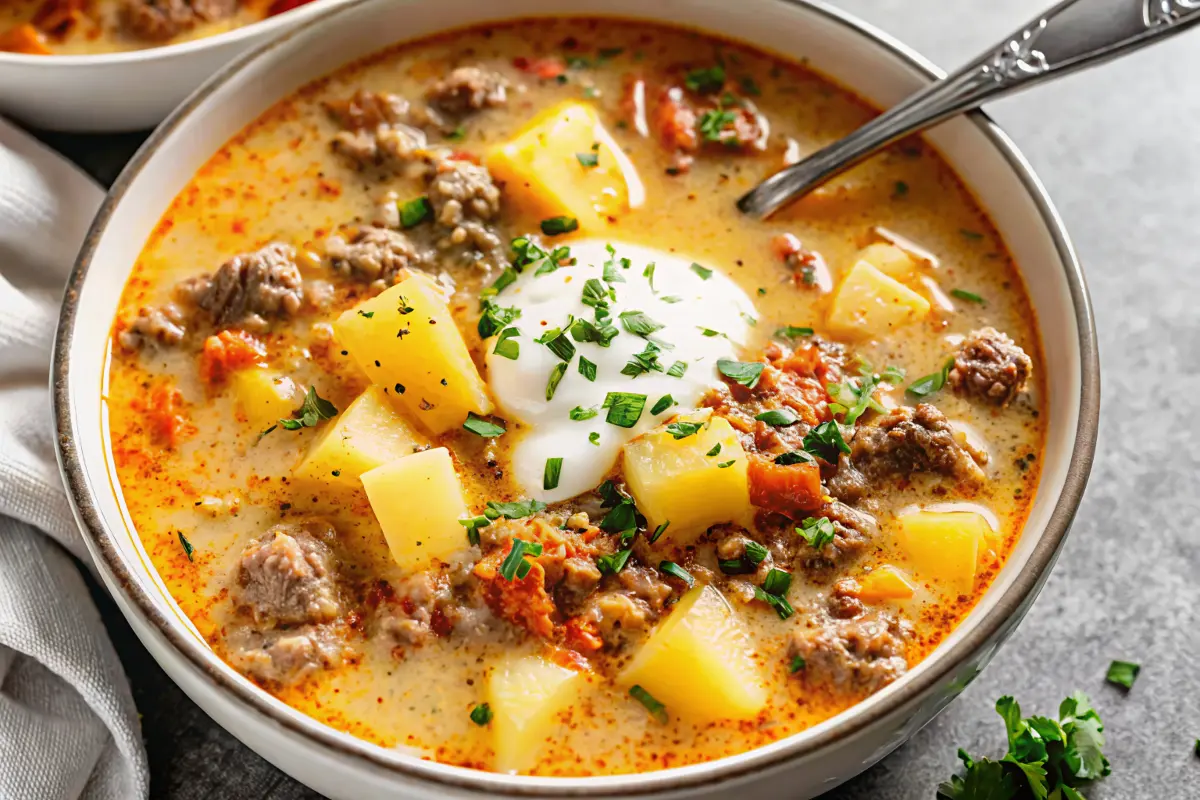 Creamy cheesy hamburger potato soup in white bowl garnished with green onions and sour cream on rustic wooden table