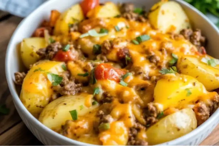 Quick Ground Beef and Potatoes with Melted Cheese