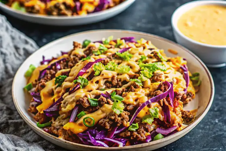 Best Ground Beef Egg Roll in a Bowl with Creamy Chili Sauce