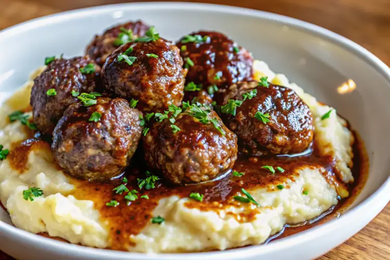 Easy Salisbury Steak Meatballs With Garlic Herb Mashed Potatoes