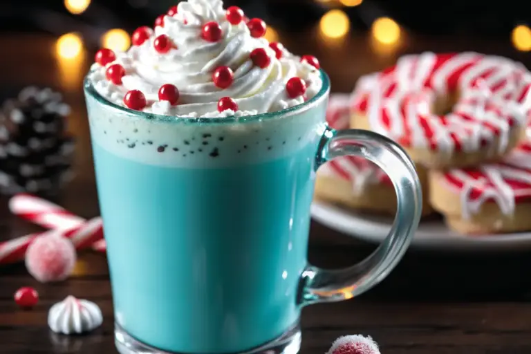 Jack Frost’s Frosted Christmas Cocoa in a festive mug, featuring peppermint white chocolate drink with blue food coloring, whipped cream topping, and crushed candy garnish – perfect for holiday cocoa recipe ideas.