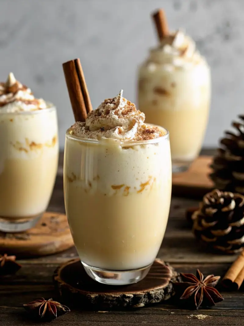 Creamy homemade eggnog recipe topped with fresh nutmeg and a cinnamon stick in a festive glass.