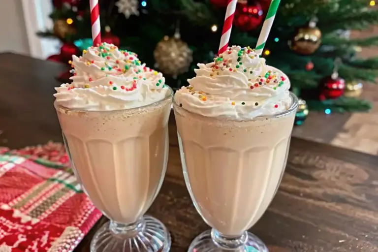Creamy Christmas Eggnog Milkshake topped with whipped cream and gingersnap crumbs – perfect festive holiday eggnog shake recipe.