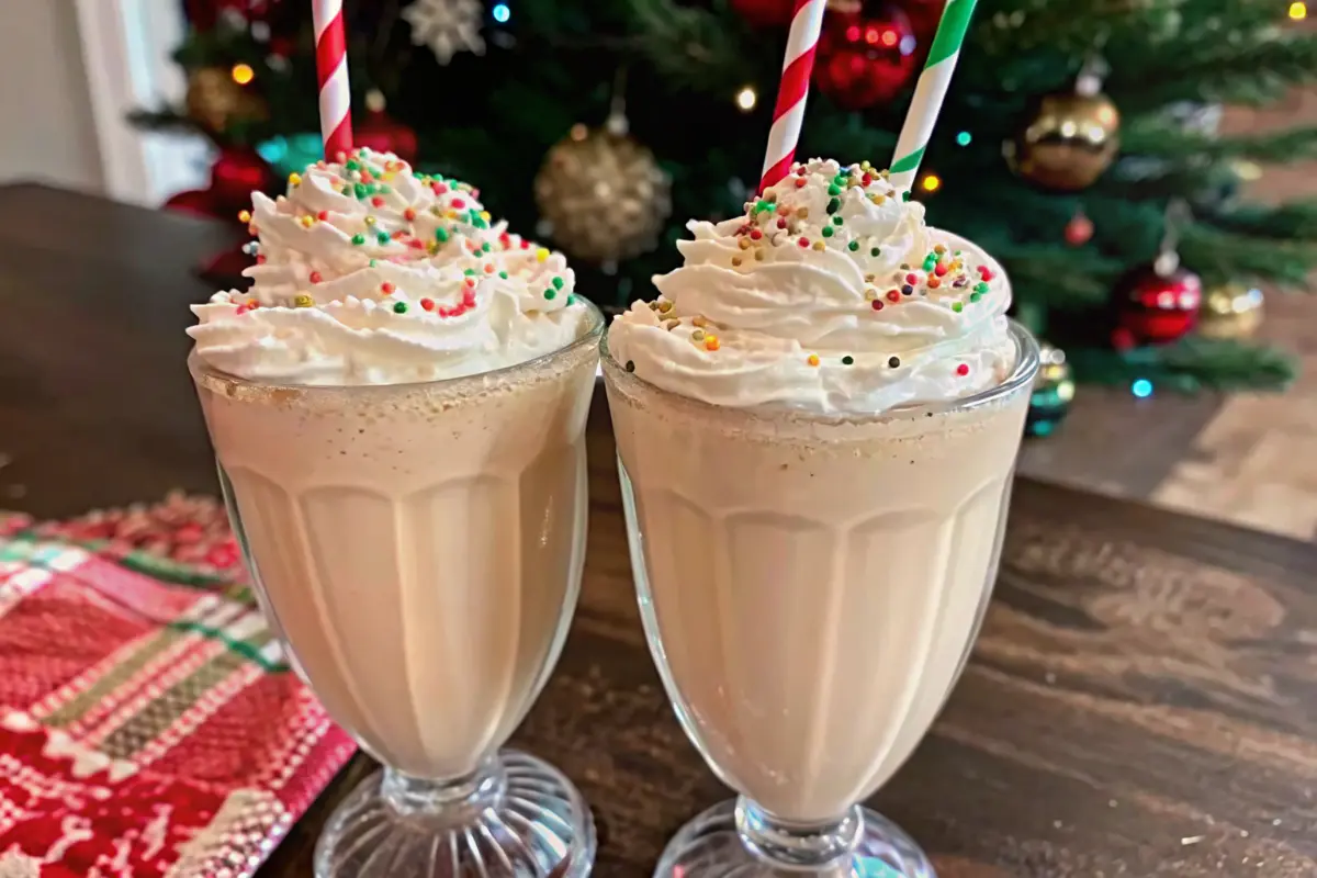 Creamy Christmas Eggnog Milkshake topped with whipped cream and gingersnap crumbs – perfect festive holiday eggnog shake recipe.