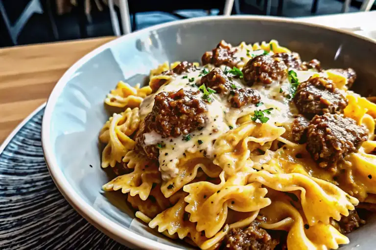 Healthy Garlic Beef Bowtie Pasta Recipe