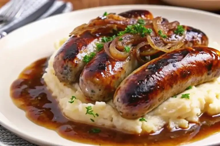 Quick Beef Bangers Mash Onion Gravy Recipe