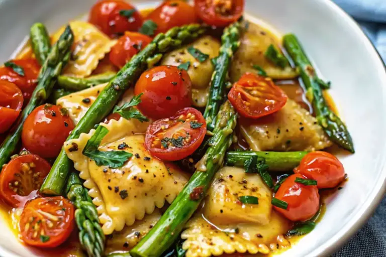 Easy Ravioli with Asparagus, Tomatoes, and Herbs Recipe