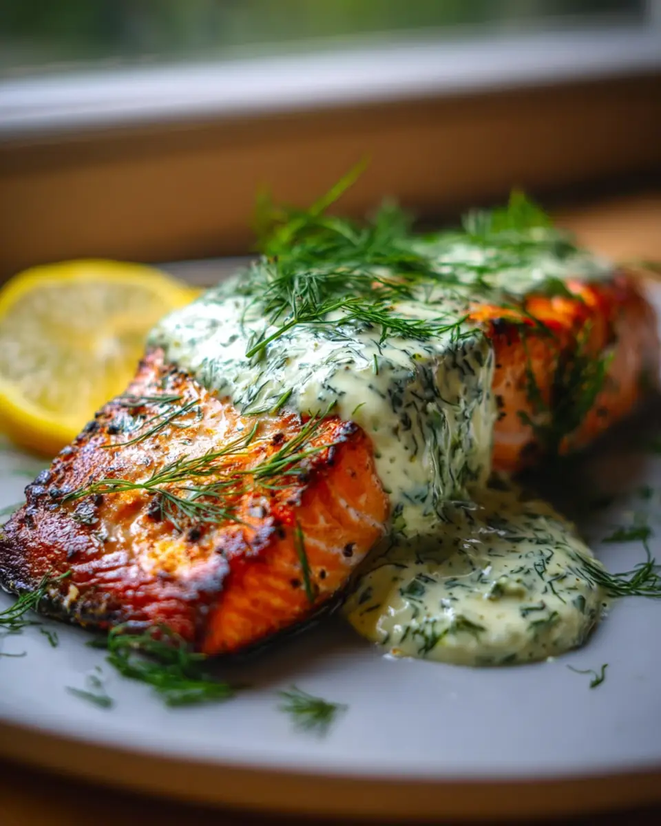 A delicious plate of 20-Minute Baked Salmon with Dill Sauce – Irresistibly Easy