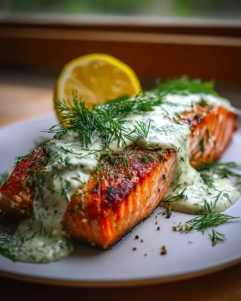 A delicious plate of 20-Minute Baked Salmon with Dill Sauce – Irresistibly Easy