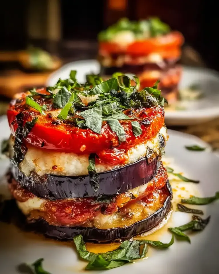 A delicious plate of Baked Eggplant and Tomato Stacks