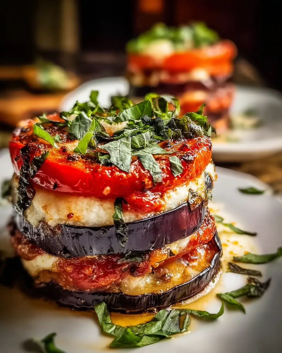 A delicious plate of Baked Eggplant and Tomato Stacks